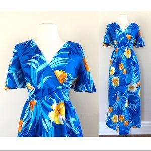 vtg 60s Hawaiian maxi dress kaftan floral boho mod